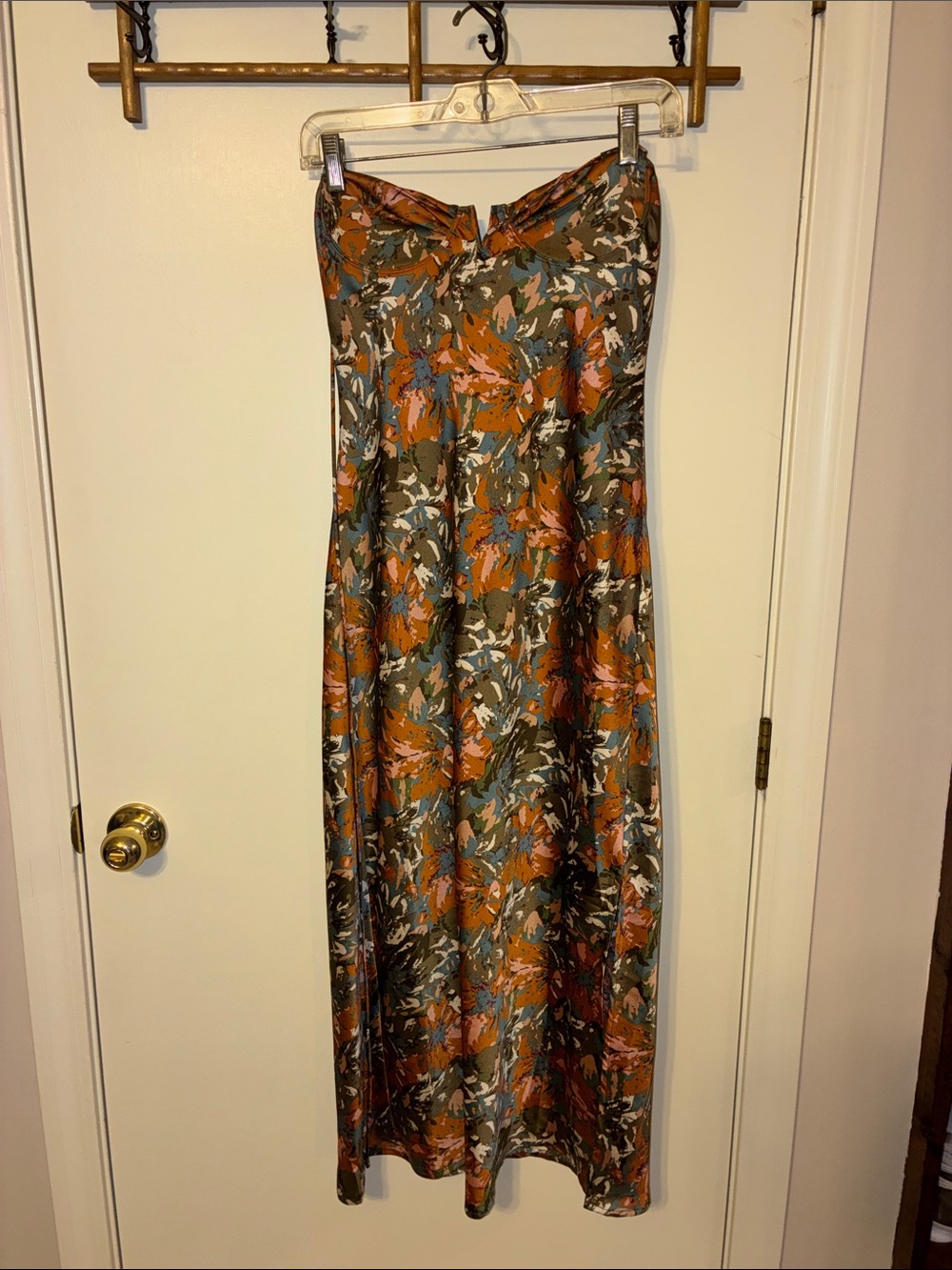 Vici Olive and Rust Floral Satin Maxi Dress